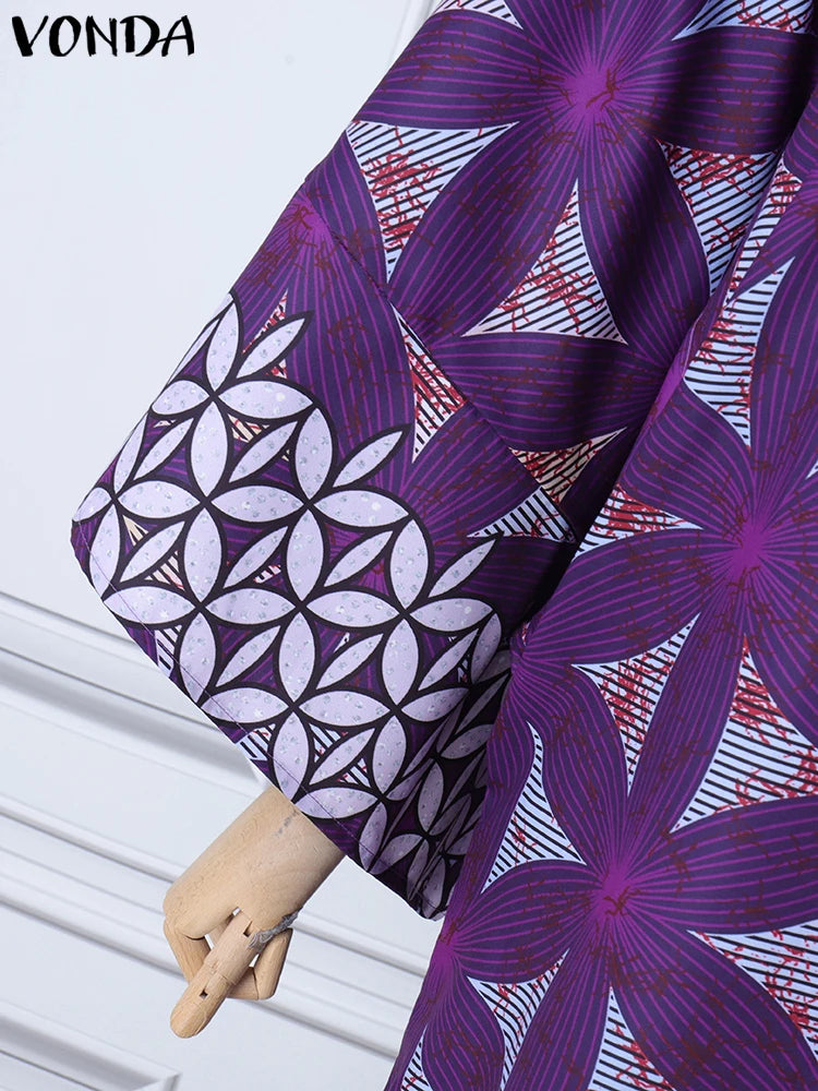Plus Size 5XL VONDA Women Bohemian Printing Maxi Dress 2025 Vintage Sundress Casual 3/4 Sleeve Party Robe Loose O-Neck Vestidos