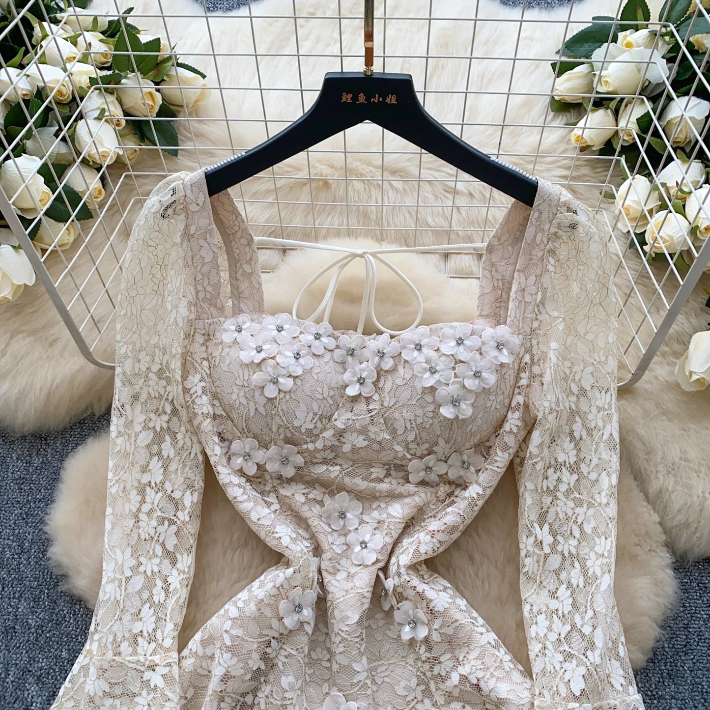 Spring France Elegant Vintage High End Evening Dress Women 3D Flower Lace Hollow Out Party Dress Female Casual Chic Clothing New