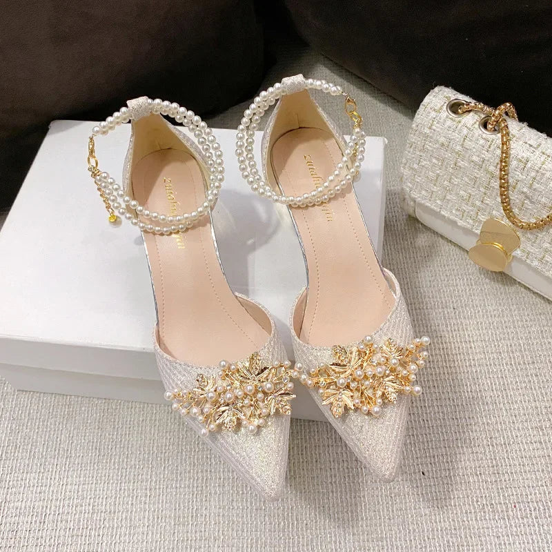 Ladies Shoes on Sale Fashion Pointed Metal Beaded Solid Women's High Heels Summer Leisure Banquet Women Wedding Pump 2024