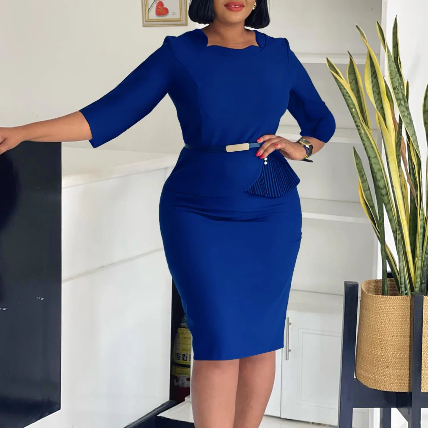 L-3XL Plus Size Elegant Midi Dress 2025 Spring Summer Women Office Lady Dress Casual 3/4 Sleeve Bandage Robe Oversize Dress
