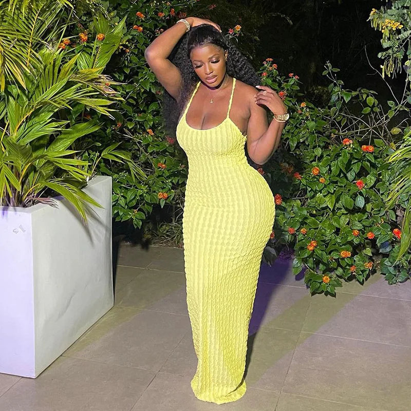 ANJAMANOR Halter Backless Maxi Summer Dresses for Women 2023 Sexy Beach Vacation Outfits Yellow Frilled Slit Long Dress D96-BH26