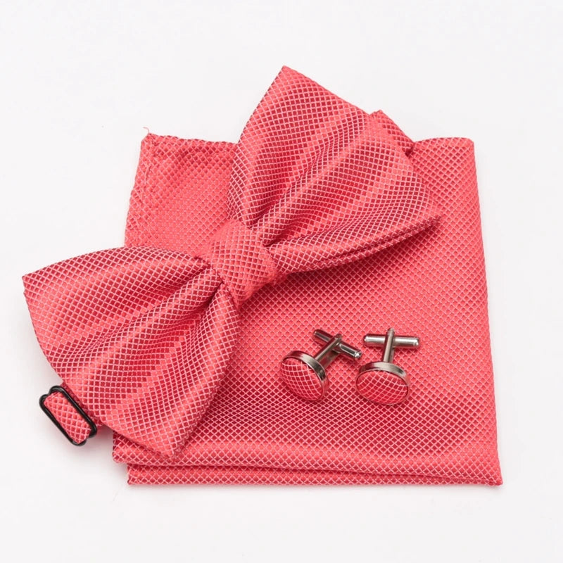 Multicolor Bowtie Pocket Square Cufflinks Sets Classic Solid Color Bowtie Wedding Party Formal Gift Plaids Adjust Neck Bow Tie