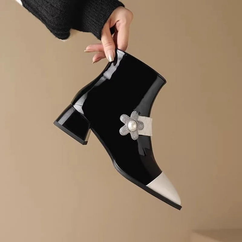 FHC Mixed Colors Ankle Boots,Women's Short Botas,Autumn/Winter Shoes Booties,Square Toe,Pearls,Side Zip,Black,White,Dropship