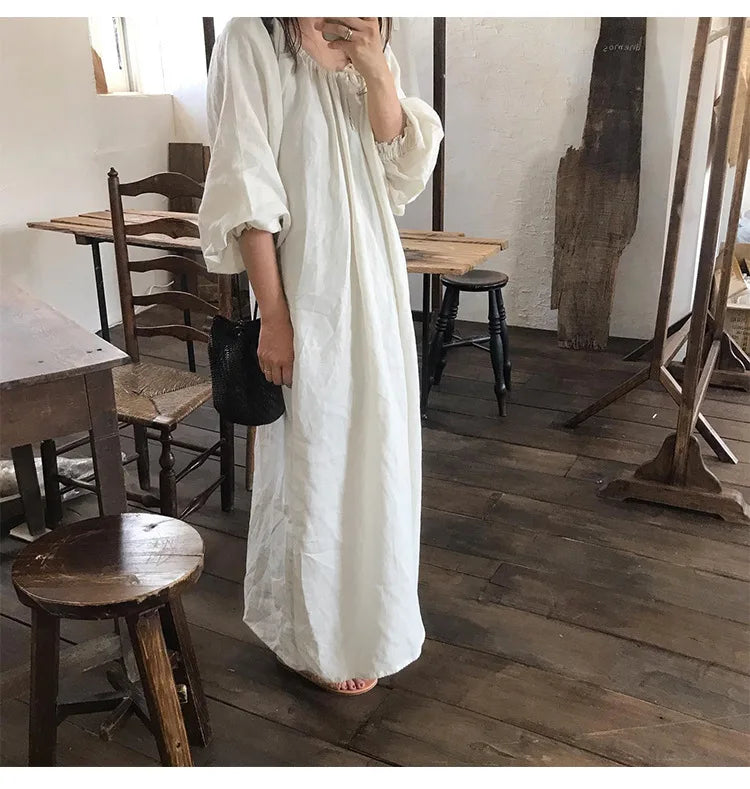 2025 New Spring Cotton Linen Dress for Women Solid Long Sleeve Drawstring Office Lady Elegant Maxi Dress