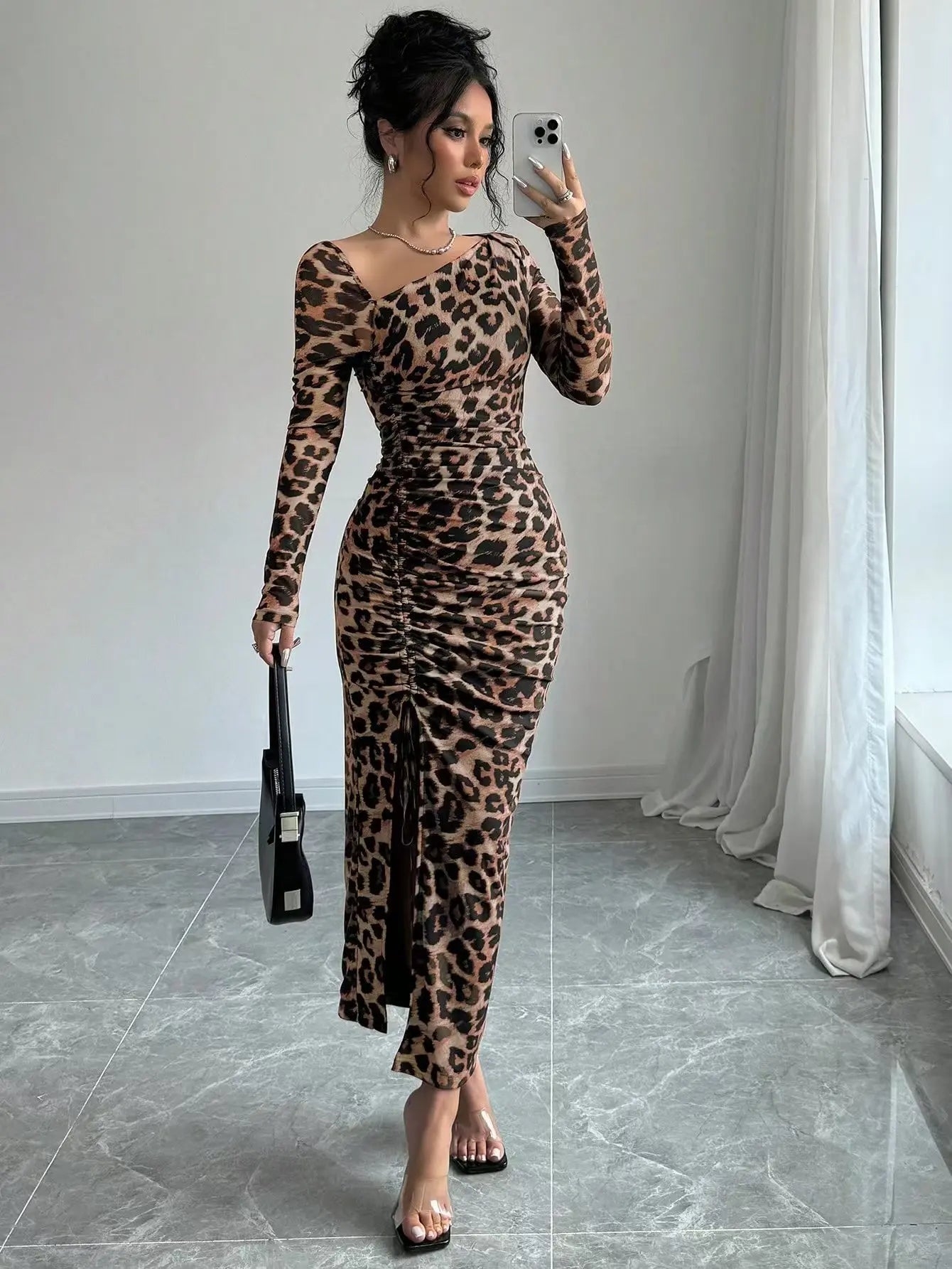 Sexy Leopard Print Women's Dresses Fashion Ruffled Sexy Slit Party Dress For Women Spring Summer Bodycon Package hip Vestidos