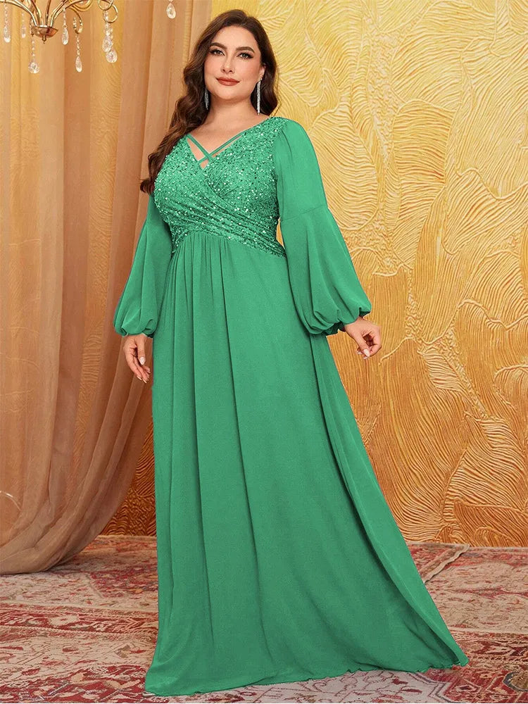 Plus size pink sequined long-sleeved sequined floor-length chiffon evening dress Big Size luxury sparkling banquet Prom Gown