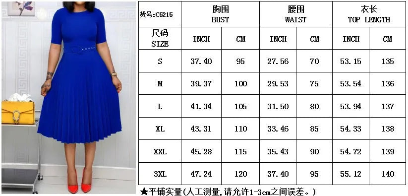 Summer Plus Size Pleated S-5Xl Dress Ladies O-Neck Short Sleeve Solid With Belt Mid-Calf Office Lady Elegant Dresses For Women