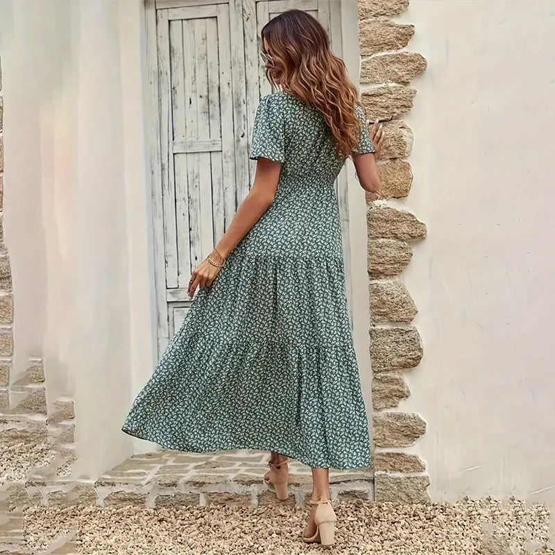 Spring Summer Tierred Dress Women Midi Dresses Female Short Sleeve Elastic Waist Printed Floral Pleated Backless Casual Dress