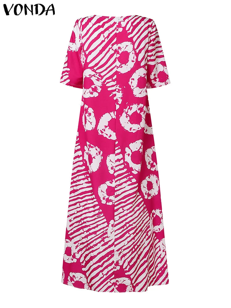Plus Size VONDA Women Summer Party Maxi Dress Bohemian Printed Long Sundress Beach Vestidos 2025 Half Sleeve Casual Loose Robe