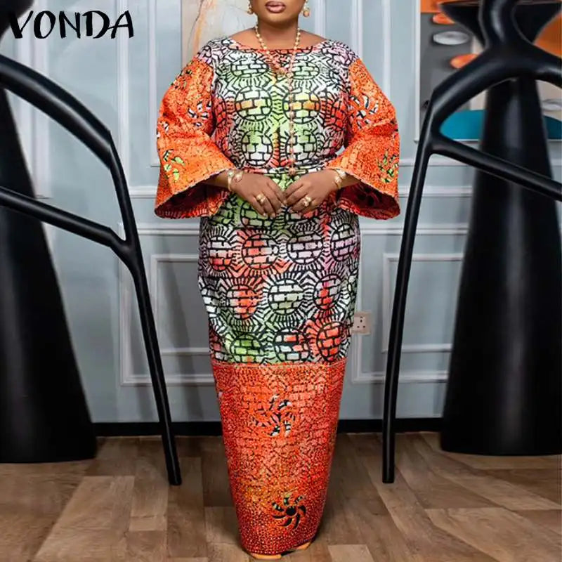 VONDA Women Dresses Bohemian Printed Long Flare Sleeve Vestidos 2024 Causal Sundress Robe Round Neck Loose Robe Oversized