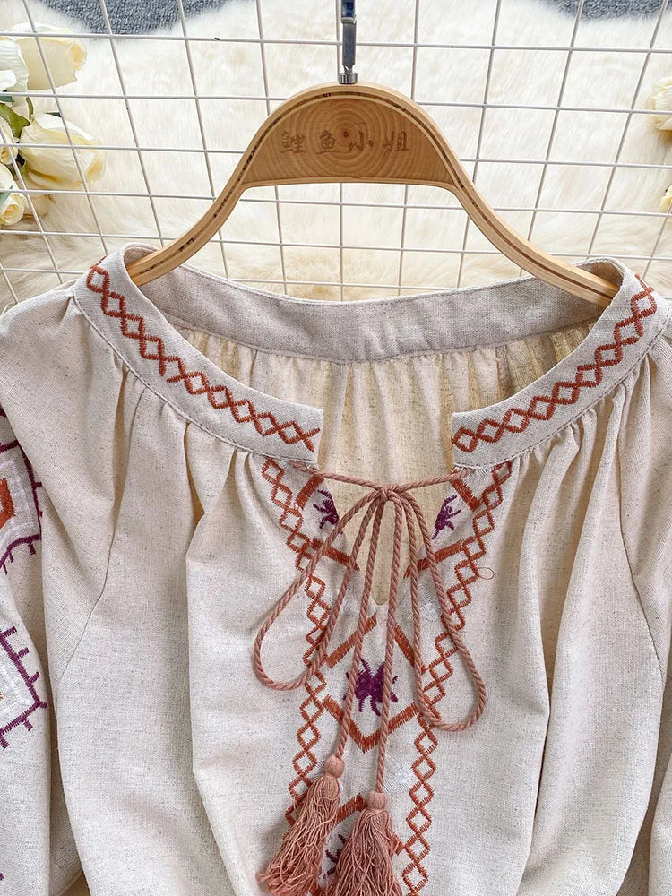Women's Spring Dress Bohemian Retro Ethnic Style Diamond Cotton Linen Blend Embroidered Lantern Sleeves Mini Dress DS003