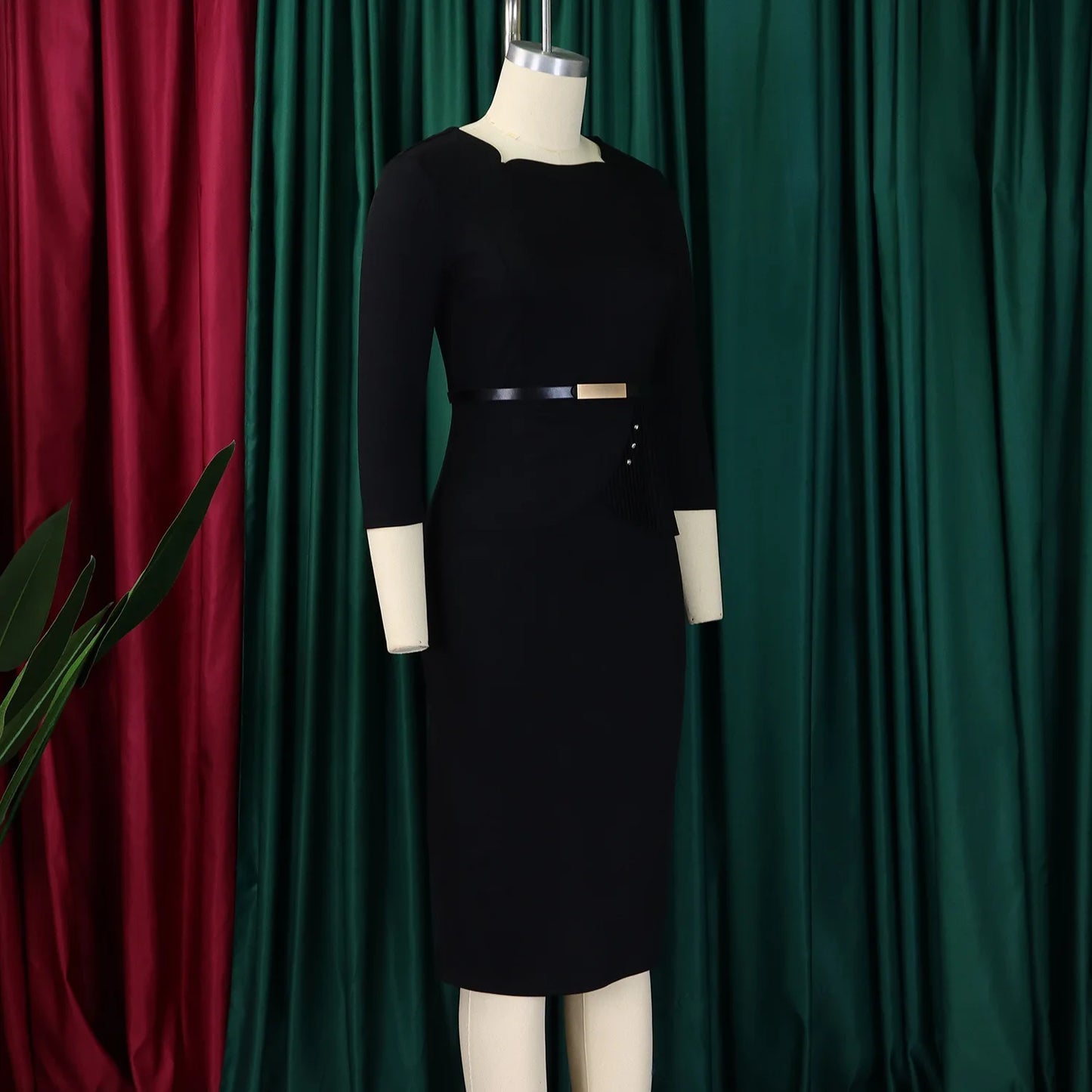 L-3XL Plus Size Elegant Midi Dress 2025 Spring Summer Women Office Lady Dress Casual 3/4 Sleeve Bandage Robe Oversize Dress