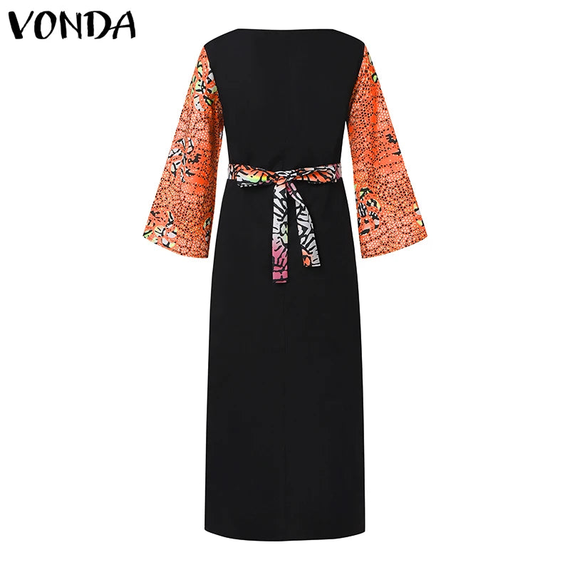 VONDA Women Dresses Bohemian Printed Long Flare Sleeve Vestidos 2024 Causal Sundress Robe Round Neck Loose Robe Oversized