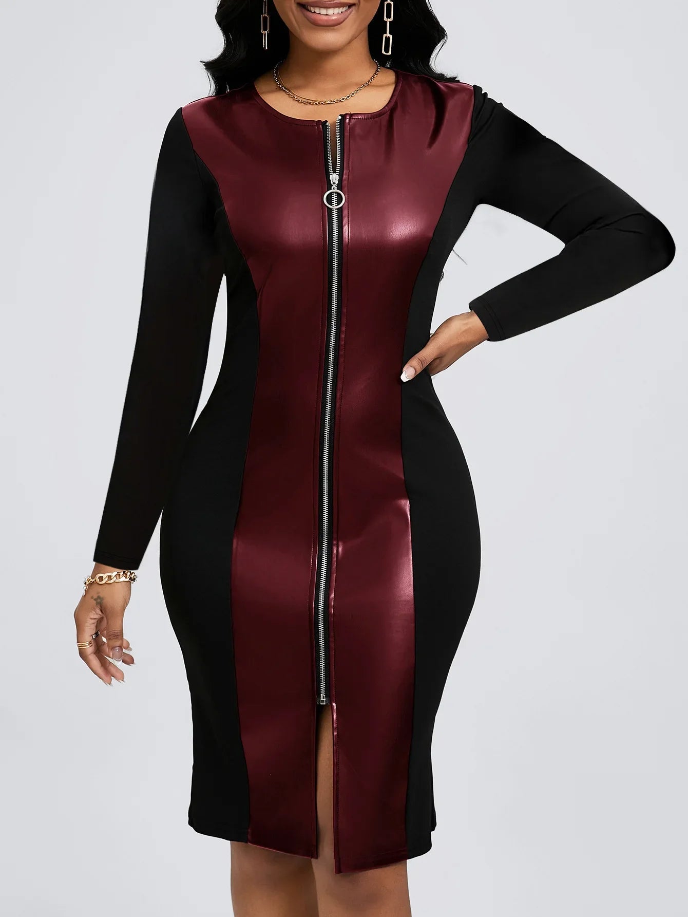 Plus Size Elegant Zipper PU Leather V-Neck Midi Long Sleeve Bodycon Dress Women's plus Size Dress Fashionable Cross-Border Gown
