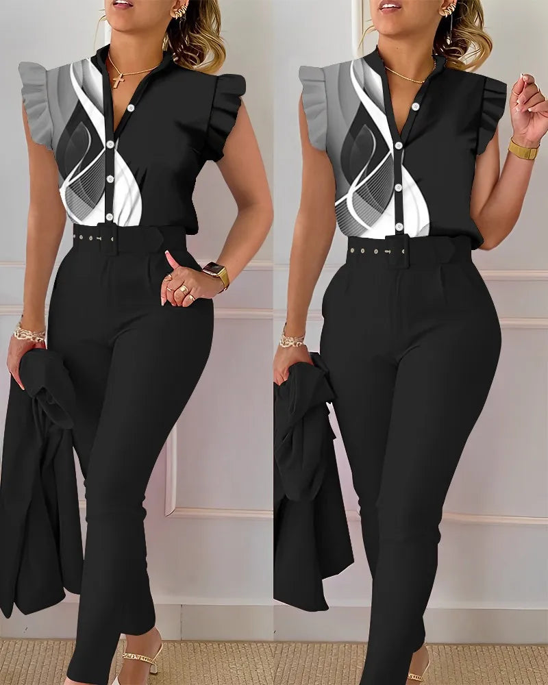 Elegant Women Printed Two Piece Suit Sets Spring Autumn V Neck Short Sleeve Shirt Top & Long Pants Set With Belt Workwear Outfit