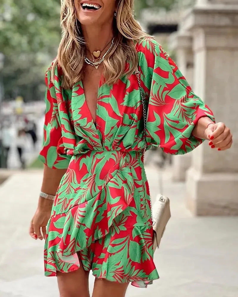 spring Irregular Mini Dress For Women Fashion Print Casual Bohemia Style Vacation Sundress Women's Bat Sleeve Ruffles Dresses