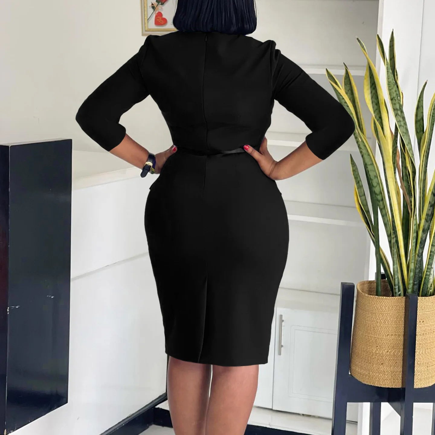 L-3XL Plus Size Elegant Midi Dress 2025 Spring Summer Women Office Lady Dress Casual 3/4 Sleeve Bandage Robe Oversize Dress