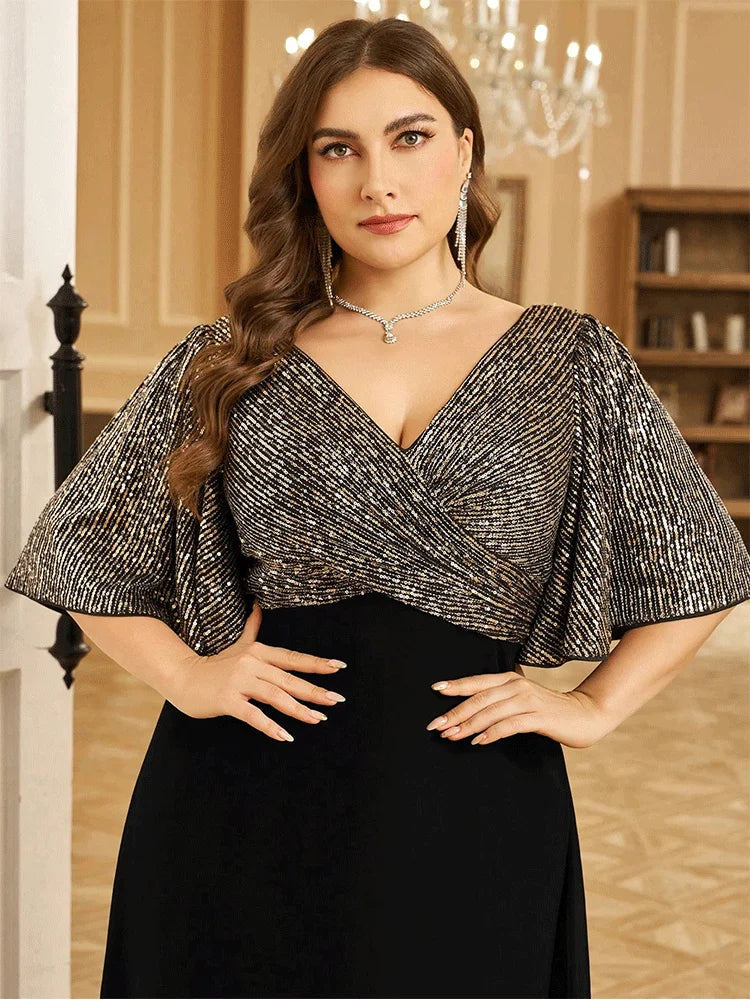 Plus Size V-neck Short Sleeve Black and Silver Sequined Mesh Floor-length Evening Dress 4XL 5XL Big Size Shiny Evening Dress