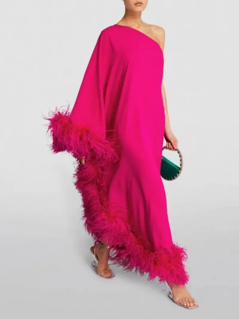New Spring/Summer New Women's Feather One Shoulder Large Swing Evening Dress