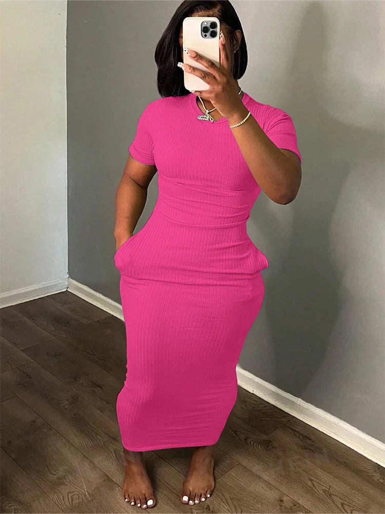 Plus Size 2024 Summer New Round Neck Short Sleeve Slim Hottie Ladies' Stylish Summer Solid Versatile Bodycon Dress