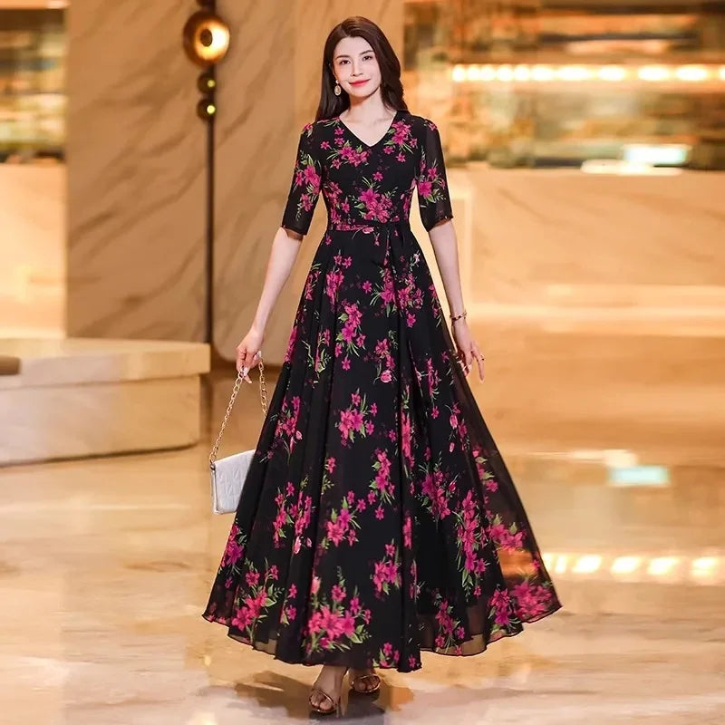 Womens Dresses Fashion Summer Dresses 2024 Summer Senior red Print Dress Long Loose Temperament Waist Loose Big Swing Dress