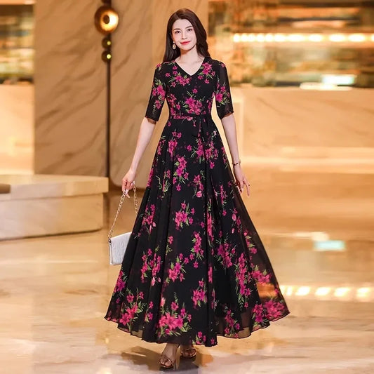 Womens Dresses Fashion Summer Dresses 2024 Summer Senior red Print Dress Long Loose Temperament Waist Loose Big Swing Dress