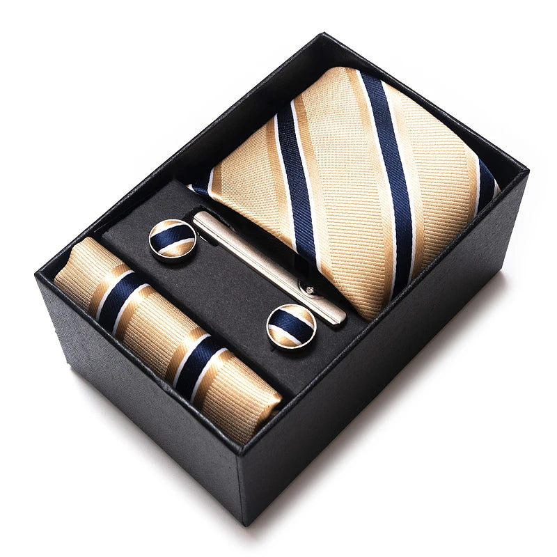Tie Handkerchief Cufflink Set For Men Necktie Holiday Gift Box Blue Gold Suit Accessories Slim Wedding Gravatas