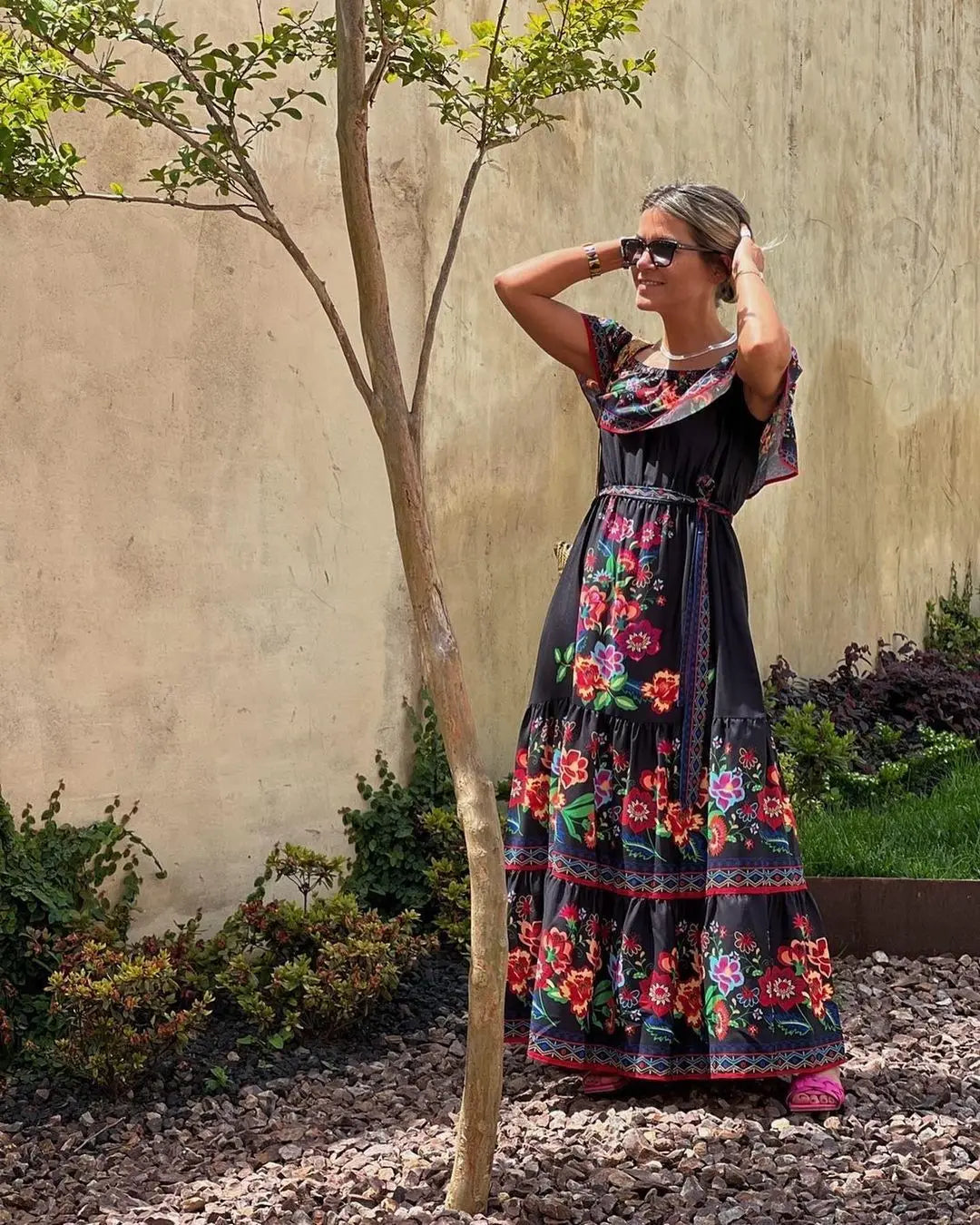 2024 Spring Summer Women's New Sexy One Shoulder Off Shoulder Fashion Red Flower Printed Lace Up Waist Long Swing Dress