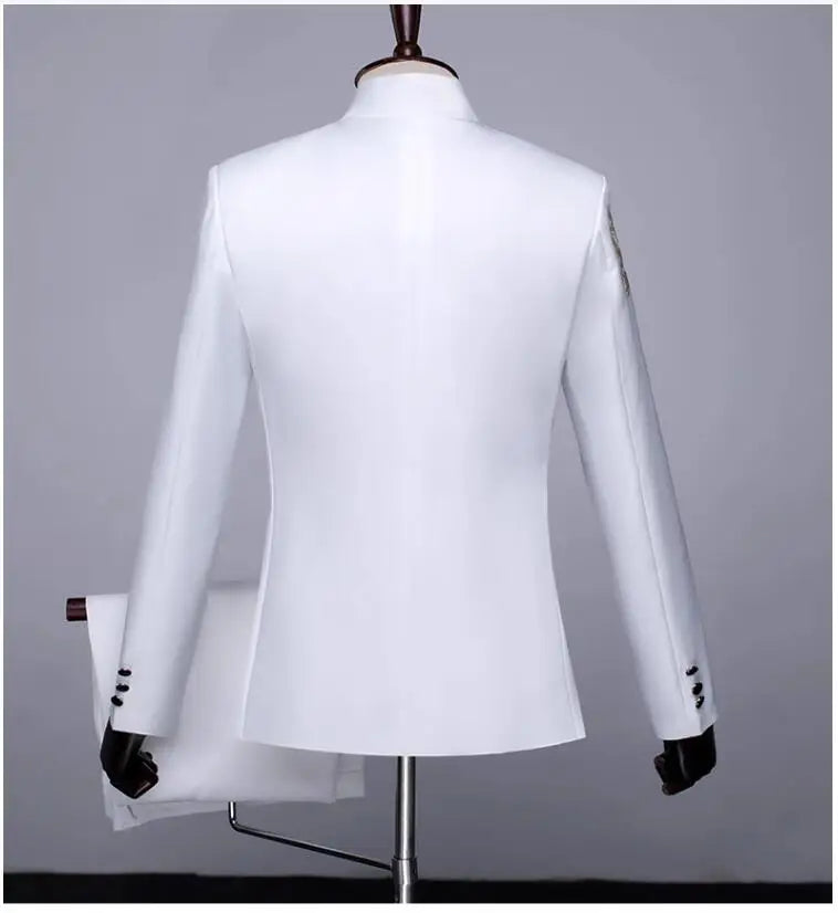 New Men Standing Collar Embroidered Suit 2 Piece Fashion Male Business Social Wedding Prom Stage Performance Dress Blazer Pant