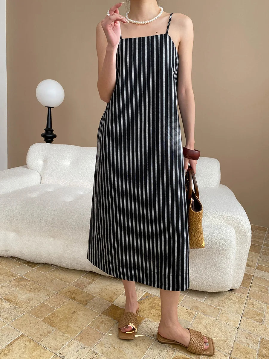 Spring and summer women's casual striped loose suspender dress