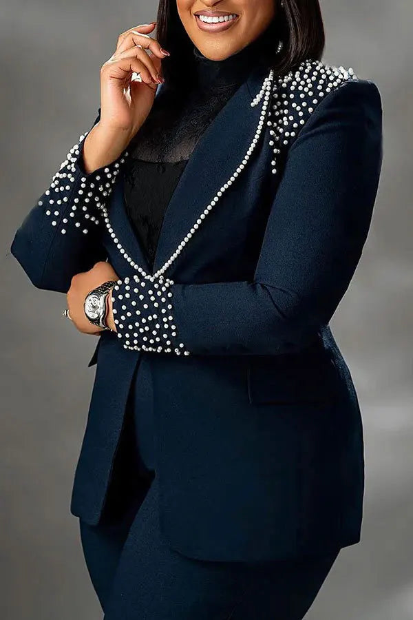 CM.YAYA Fashion Pearl Splicing Women's Set Long Sleeve Blazer and Wide Leg Pants Suit 2024 Winter OL Fall Two 2 Piece Set Outfit