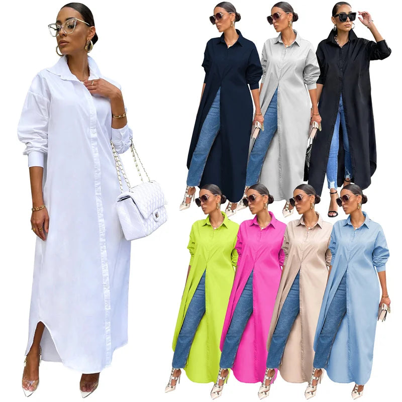 Spring Summer Long Sleeve Shirt Dress Women Turn-down Collar Button Up Straight Maxi Dress Loose Casual Long Dresses Vestidos