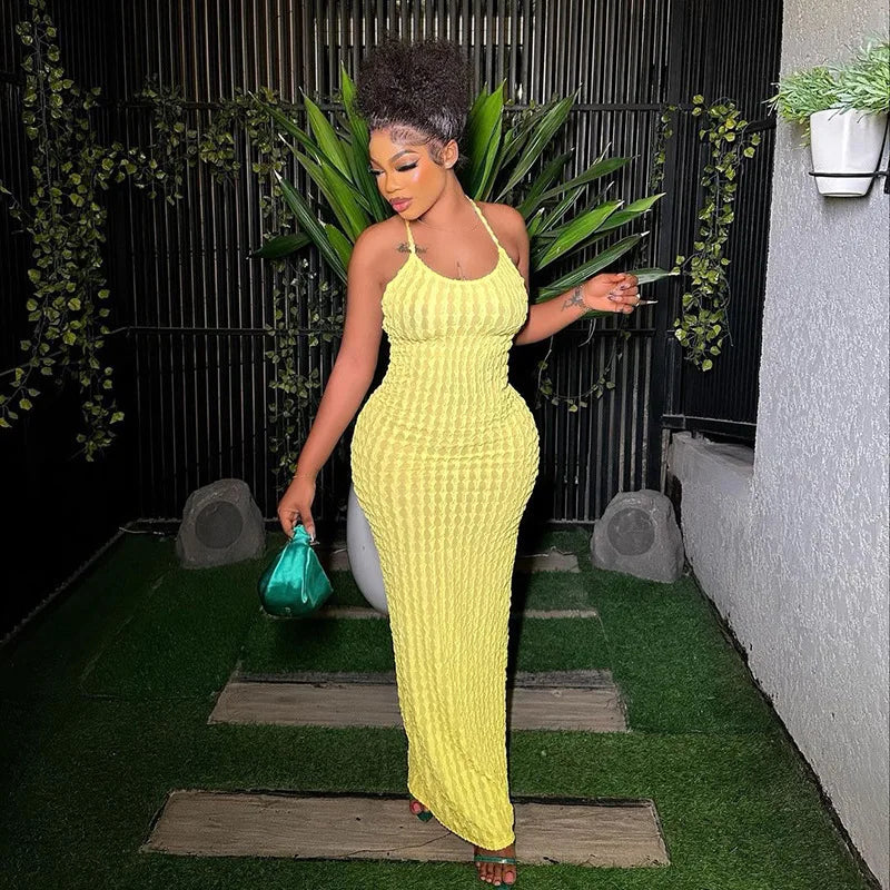 ANJAMANOR Halter Backless Maxi Summer Dresses for Women 2023 Sexy Beach Vacation Outfits Yellow Frilled Slit Long Dress D96-BH26