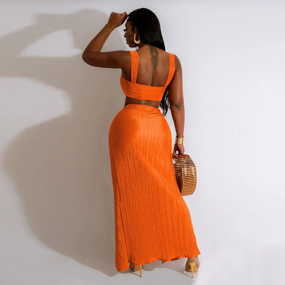 Summer Dresses for Women Two Pieces Set Sexy Backless Halter Top and High Waist Side Slit Pleated Skirt Matching Lady Streetwear