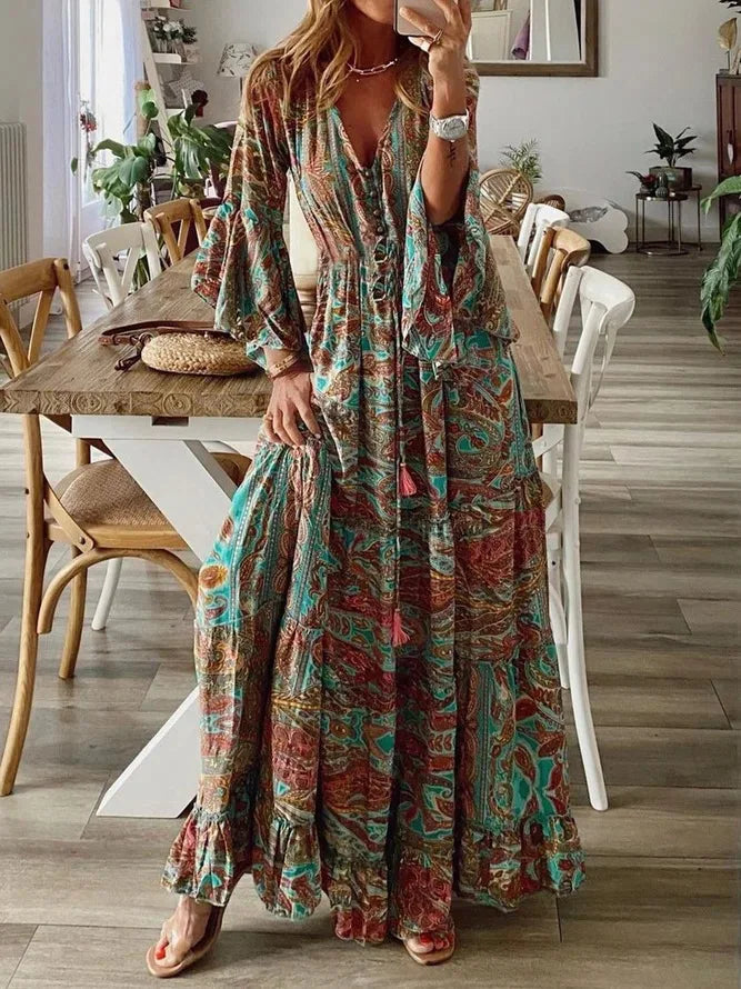 Spring Autumn Fashion Women's Dress Bohemian Style Retro Printed V-neck High Waist Bell Sleeve Loose Casual Floral Long Dress