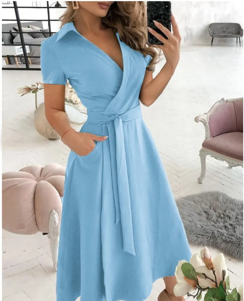 Women's New Short Sleeve Dress Spring Summer Fashion V-neck Printed Bag Hip Dress for Women Temperament Personality Wear