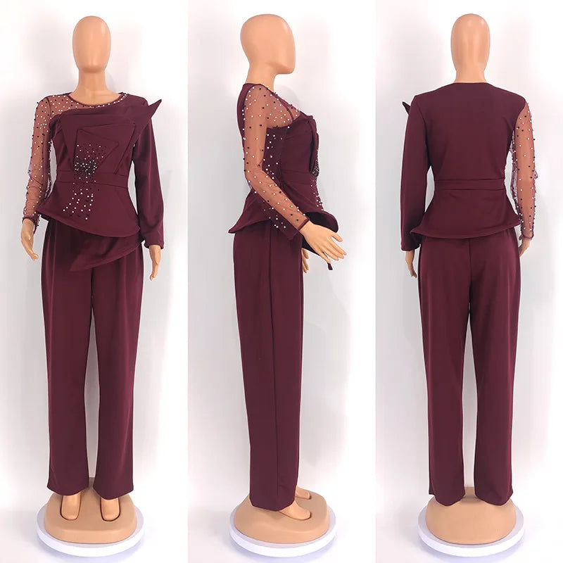CM.YAYA Vintage Women Beading Mesh Patchwork Ruffles Fan-shaped Blazer Tops and Pants Suit Two 2 Piece Set Outfits Tracksuit