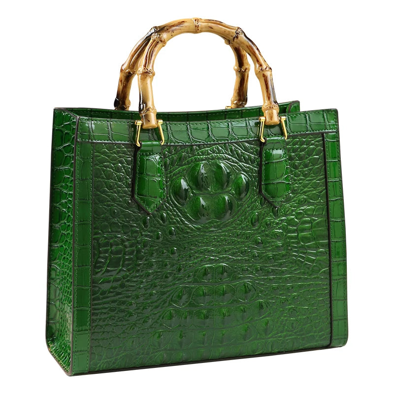 Crocodile Pattern Leather Women's Handbags Bamboo Handle Portable Tote Bag Mom Tide Shoulder Messenger Bags 2025 New Fashion