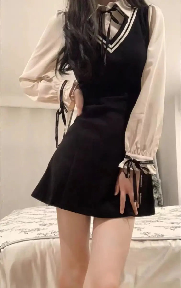 Spring Summer Fashion Fake Two Pieces Dresses Women High Street Turn-down Collar Long Sleeve Dress Elegant Button Bow Vestidos