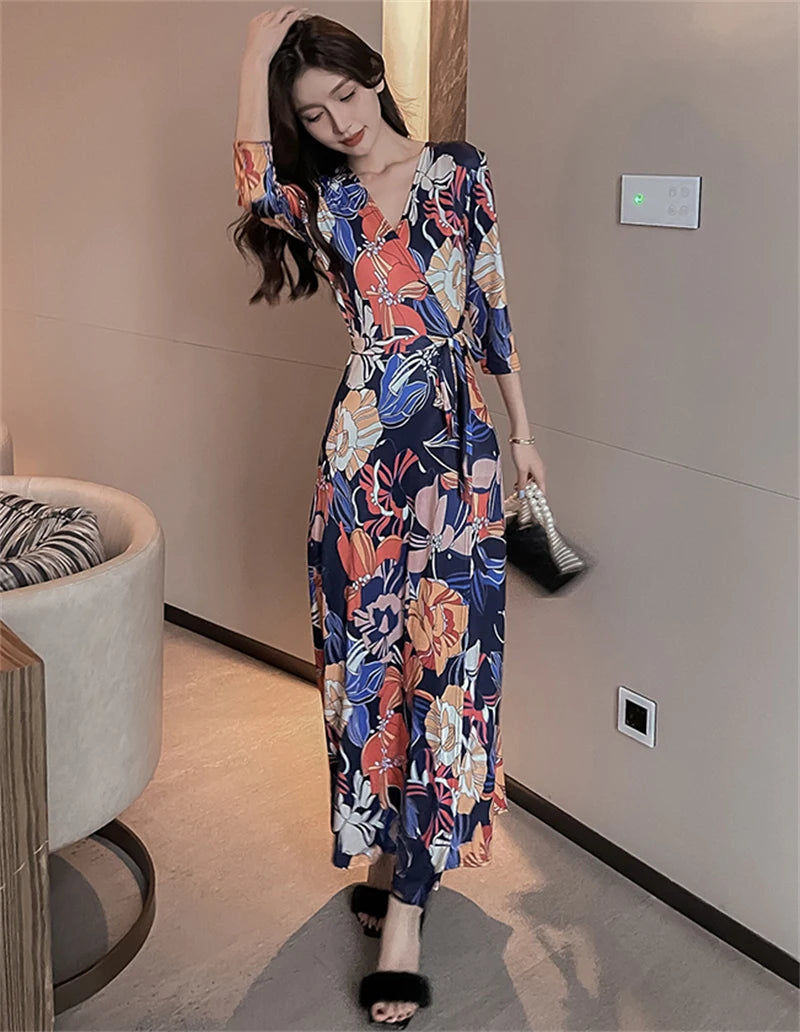 FANIECES Summer Wrap Dresses Women Sexy V Neck Split Maxi Dress Print Female Casual Beachwear Lace Up Party Vestidos Robe платье