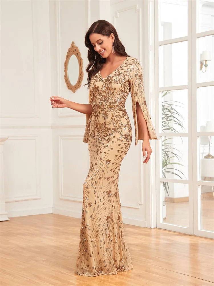 Lucyinlove Luxury Champagne Evening Dresses For Women 2025 Long Sleeve Mermaid Formal Sequins V-neck Prom Wedding Party Gowns