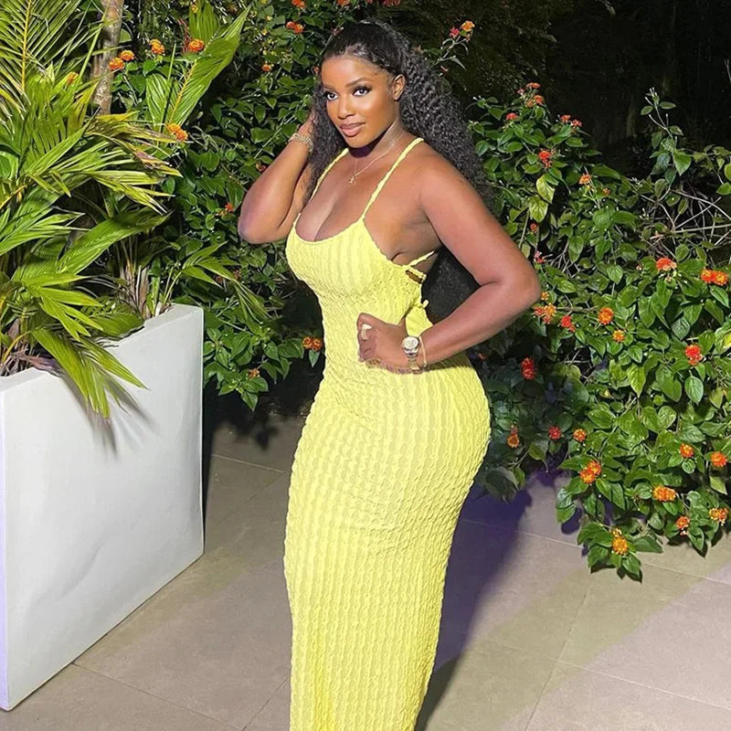 ANJAMANOR Halter Backless Maxi Summer Dresses for Women 2023 Sexy Beach Vacation Outfits Yellow Frilled Slit Long Dress D96-BH26