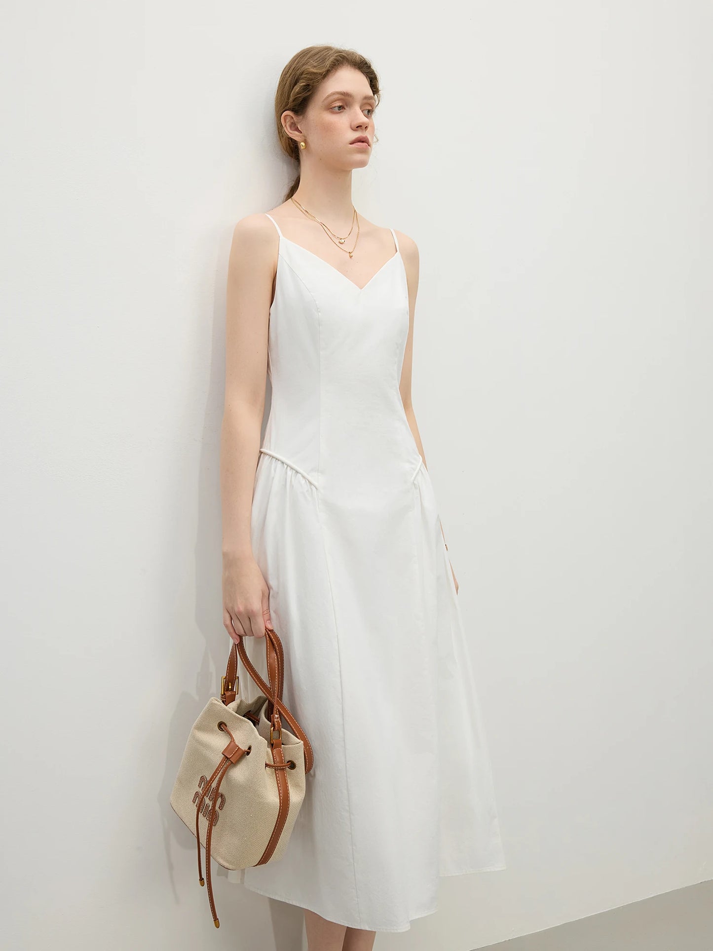 FSLE【4 Colors】Women Spring Strappy Dress 100% Cotton Temperament Simple A-LINE Dresses 2025 Spring White Dress 25FS11073