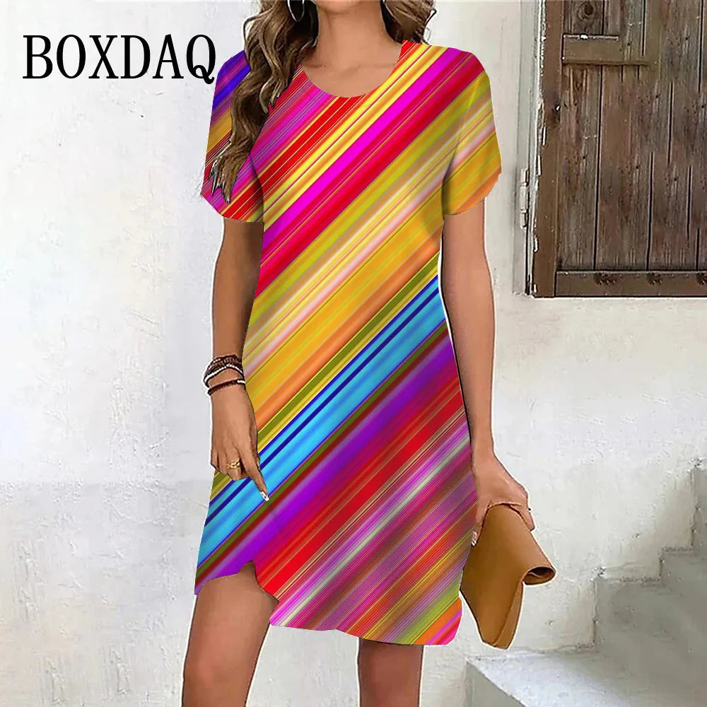 New Summer Fashion Gradient Rainbow Stripe Short Sleeve Dresses For Women 2024 Plus Size Casual O-Neck Print Loose Party Clothes