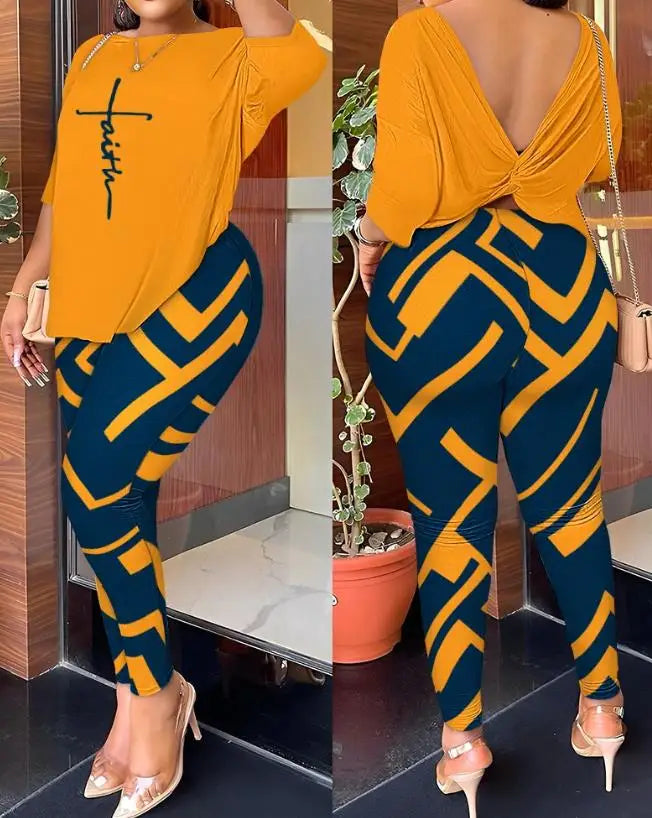 New Fashion 2023 Summer Casual Womens Two Piece Sets Outfit Tie Dye Print Twisted Backless Top & Pants Set Sexy Female Suit