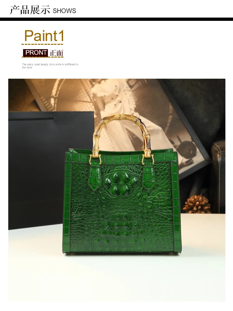 Crocodile Pattern Leather Women's Handbags Bamboo Handle Portable Tote Bag Mom Tide Shoulder Messenger Bags 2025 New Fashion