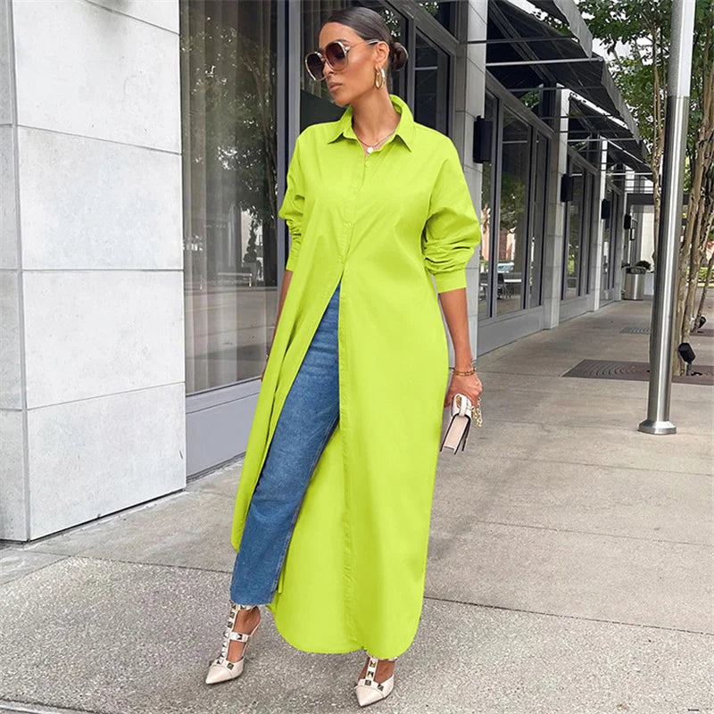 Spring Summer Long Sleeve Shirt Dress Women Turn-down Collar Button Up Straight Maxi Dress Loose Casual Long Dresses Vestidos