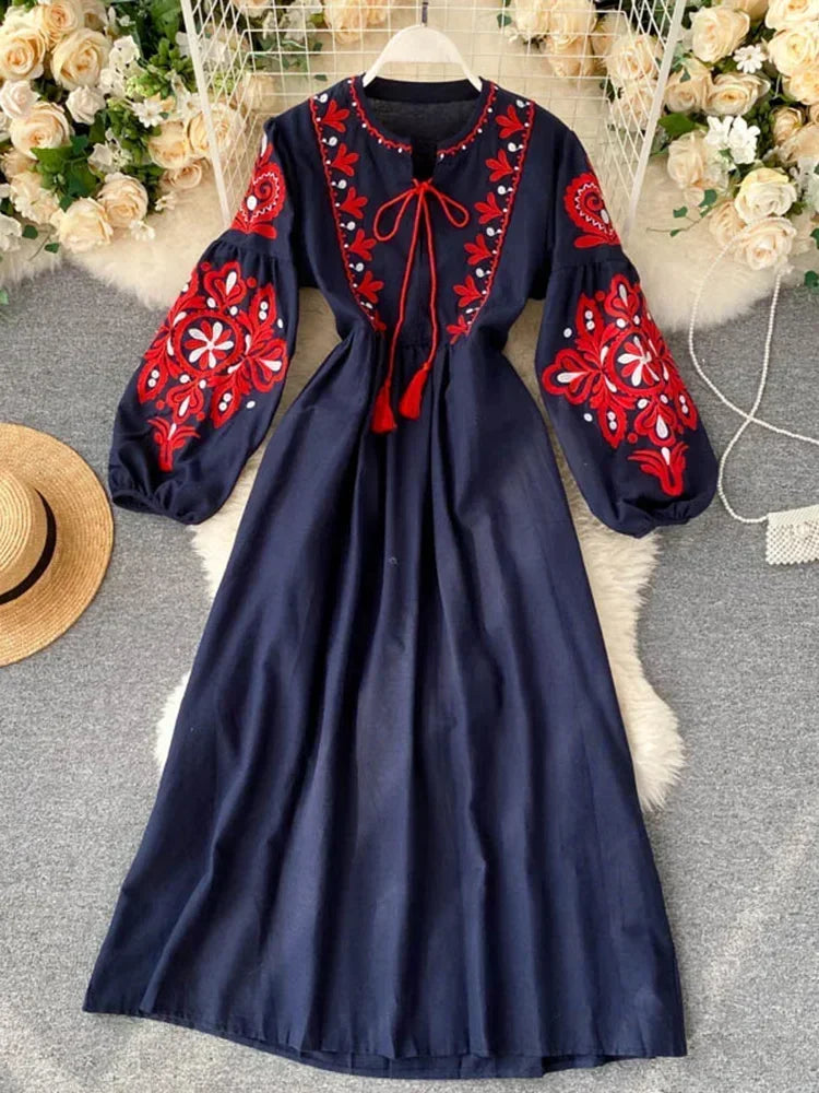 Spring Autumn Women Dresses Bohemian Embroidered Flower O-Neck Lantern Sleeve High Waist Dress All-match Female Vestidos PL393