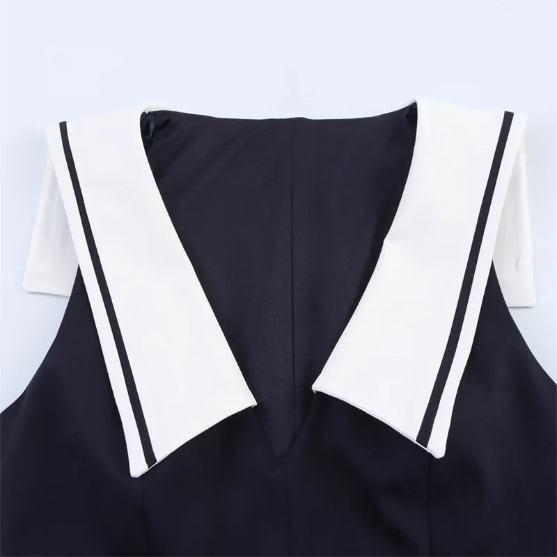 Women's Dresses New Summer 2025 Sailor Suit Style Wide Pleated Cropped Dress Fashionable Color-Blocking Sexy Cute Personality