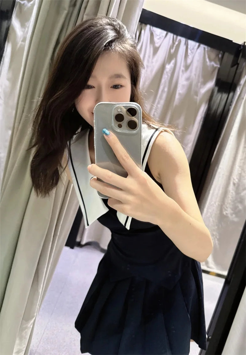 Women's Dresses New Summer 2025 Sailor Suit Style Wide Pleated Cropped Dress Fashionable Color-Blocking Sexy Cute Personality
